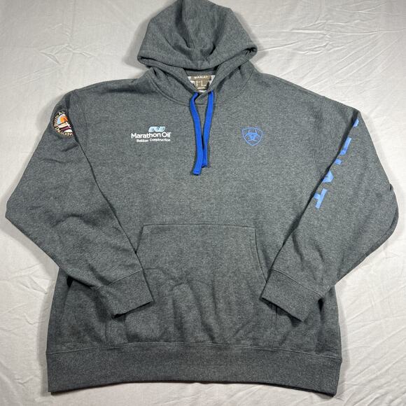 Gray Ariat Hoodie Blue Accent Marathon Oil Logo Bakken Mens XL - Picture 1 of 11